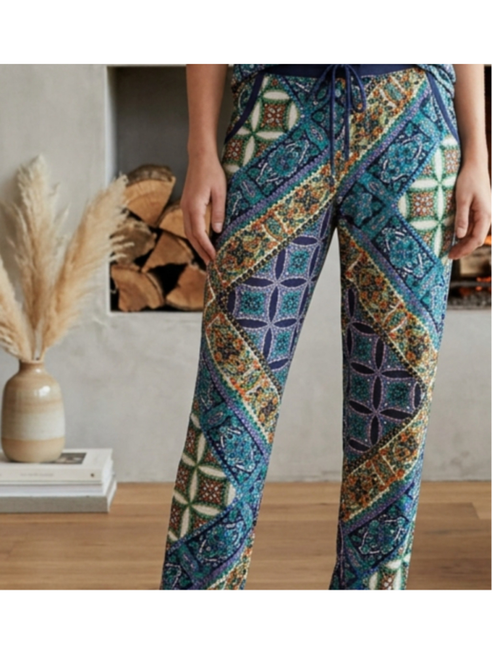 Josie Natori Blue Green Patterned Lightweight Lounge Pants Small Luxe Loungewear